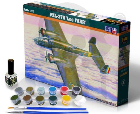 Mistercraft D-08 PZL P-37B Łoś II 1:72 + farbki 2 pędzelki klej