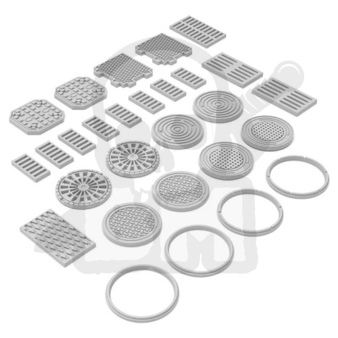 3D printed set Manhole Covers 1:48-1:35 - Pokrywy włazów 28 szt.