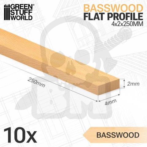 Basswood flat profile - 2x4x250mm - Profile płaskie z drewna lipowego 10 szt.