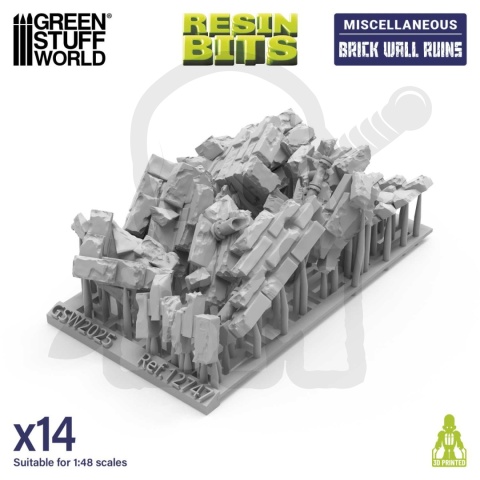 3D printed set - Brick wall ruins 1:48 - Ruiny muru ceglanego 14 szt.