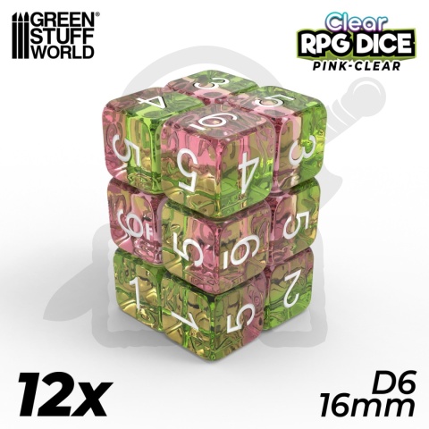 Kostki RPG k6 12 szt. 16mm Clear Pink
