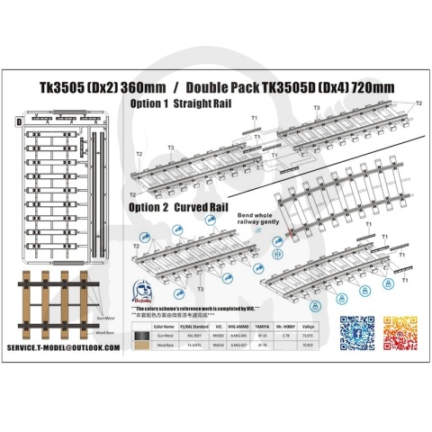 T-Model TK3505 360 mm European Gauge Straight Rail and Curved Rail 1:35