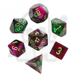 Kości RPG 7 szt. Gemini Green-purple w/gold zestaw K4 6 8 10 12 20 i 00-90 kostki+ pudełko