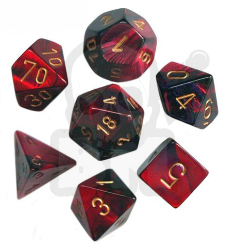 Kości RPG 7 szt. Gemini Purple-Red w/gold zestaw K4 6 8 10 12 20 i 00-90 kostki+ pudełko