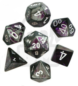 Kości RPG 7 szt. Gemini Purple-steel w/white zestaw K4 6 8 10 12 20 i 00-90 kostki+ pudełko