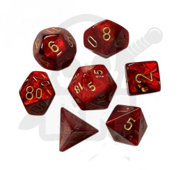 Kości RPG 7 szt Scarab Scarlet w/gold szkarłatne zestaw K4 6 8 10 12 20 i 00-90 + pudełko