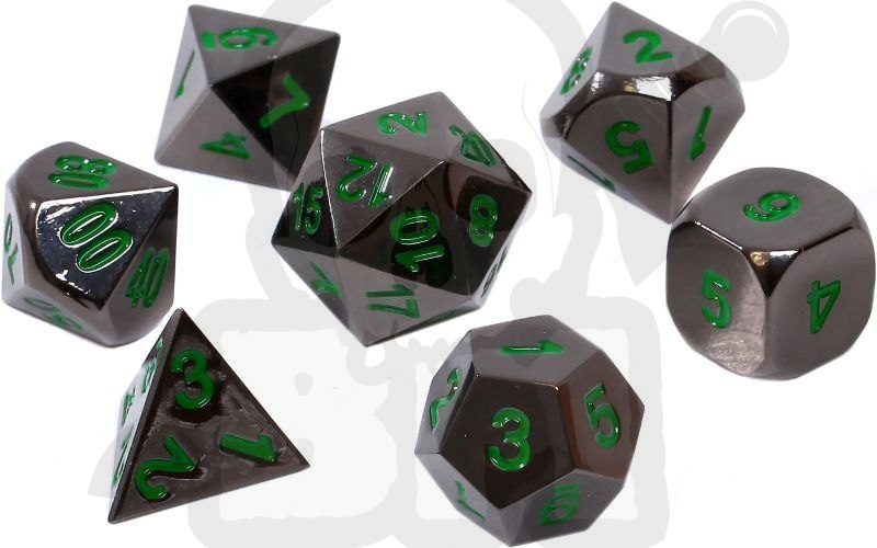 Kości RPG 7 szt. metalowe Czarna stal z zielonymi numerami