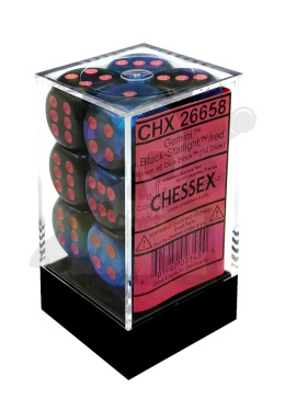 Kostki Chessex K6 16mm gemini spot Black-Starlight w/red 12szt. + pudełko