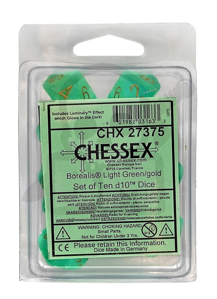 Kostki Chessex K10 Borealis L. Green/gold 10 szt.