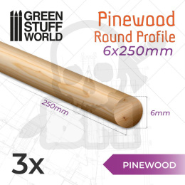 Pinewood round rod 6x250mm profile sosnowe 3 szt.